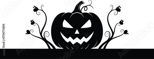 Spooky carved pumpkin with swirling vines and dark silhouette for Halloween