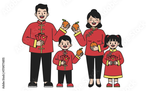 Happy Chinese Family in Traditional Attire for Lunar New Year.
