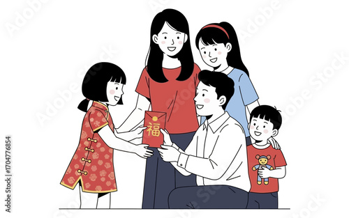 Happy Family Exchanging Red Envelopes during Lunar New Year Celebration.
