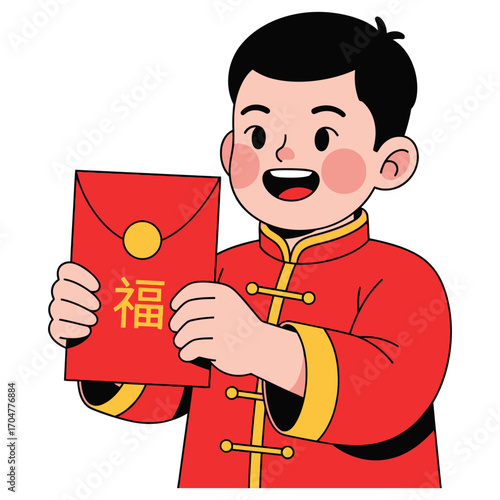 Joyful Boy in Red Traditional Chinese Clothing Holding Lucky Red Envelope.