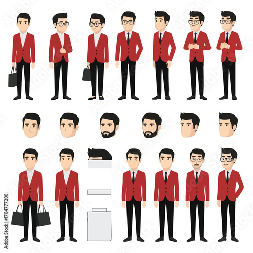 Male cartoon businessman character set in a red suit featuring various poses hairstyles and expressions for animation.