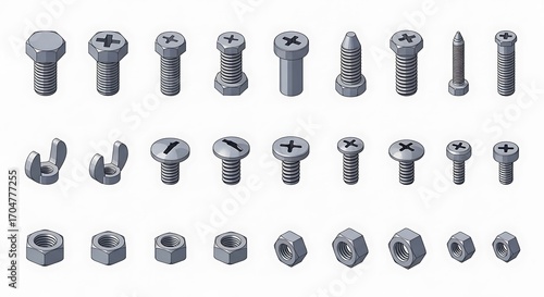 Collection of Various Metal Fasteners and Bolts.