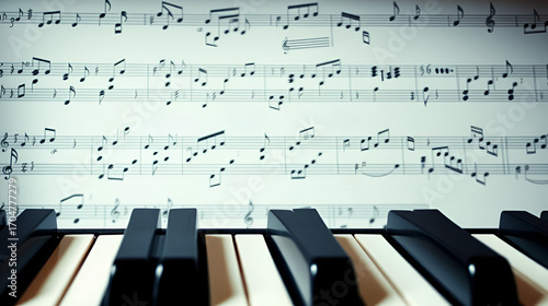 This is an image of a piano with musical notes in the background.
