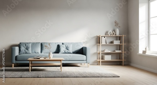Wallpaper Mural Minimalist living room with light blue sofa wooden coffee table and open bookshelf Torontodigital.ca