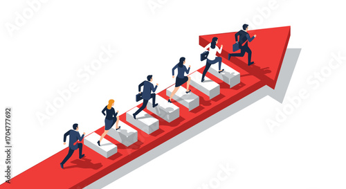 Business professionals ascending a red arrow infographic symbolizing career advancement and growth.