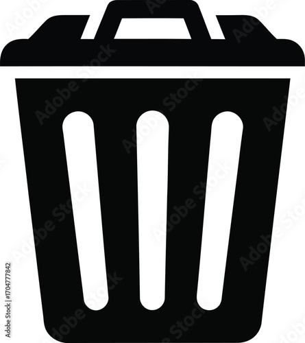 A simple black silhouette icon of a trash can with a lid, used for garbage and waste disposal.