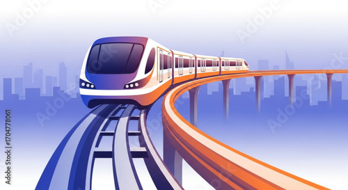 Modern highspeed train on the railway with city skyline in the background, a symbol of urban transportation