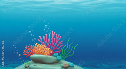 Underwater scene with coral reef and bubbles, showcasing the vibrant marine life in a serene ocean environment