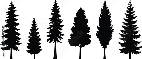 Tree silhouette vector set, forest landscape icons, black isolated foliage shapes, coniferous and deciduous tree collection, nature design elements, editable illustration pack