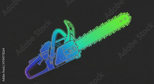 Colorful chainsaw illustration on dark background representing power tool for cutting wood with gradient effect