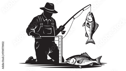 Silhouette of Fisherman Measuring His Catch with Fishing Rod and Fish