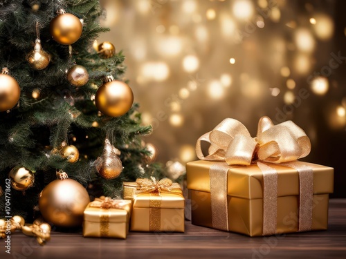 an AI Image Generator, Golden Christmas Decorations with Gift Boxes and Festive Tree on White Background