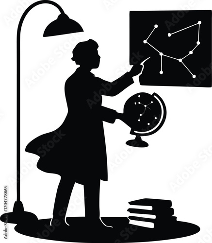 Silhouette of a female astronomer studying constellations