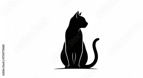 Elegant silhouette of a black cat, sitting gracefully with its tail curled