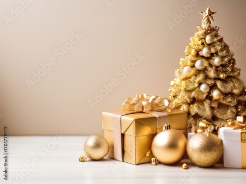 an AI Image Generator, Golden Christmas Decorations with Gift Boxes and Festive Tree on White Background