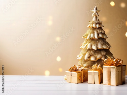an AI Image Generator, Golden Christmas Decorations with Gift Boxes and Festive Tree on White Background