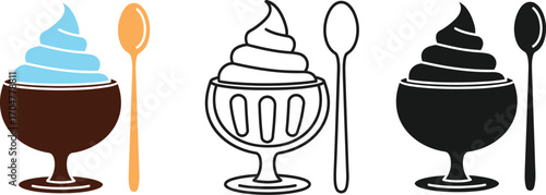 Three stylized illustrations of soft serve ice cream in dessert cups with spoons
