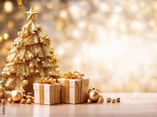 an AI Image Generator, Golden Christmas Decorations with Gift Boxes and Festive Tree on White Background