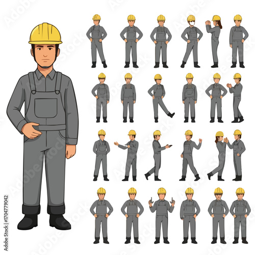 Male industrial worker character set in grey overalls and a yellow hard hat shown in various action poses and gestures.