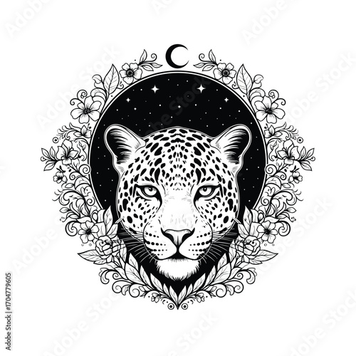 Ornate black and white leopard face illustration surrounded by flowers leaves and a celestial moon.