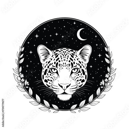 Mystical black and white leopard head illustration within a celestial circle of stars and moon.
