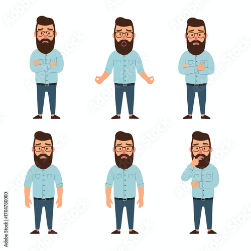 Set of a cartoon male character with a beard and glasses in various poses and emotional states.