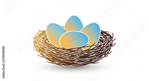 Illustration of a bird nest with blue and yellow eggs for spring and easter themes