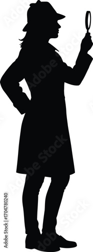 Silhouette of a detective in a trench coat and hat examining with a magnifying glass
