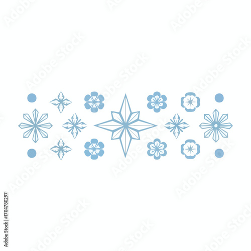 Set of decorative light blue geometric snowflakes stars and floral elements.