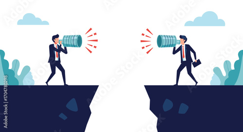 Two businessmen on opposite cliffs communicating through megaphones to bridge the gap.