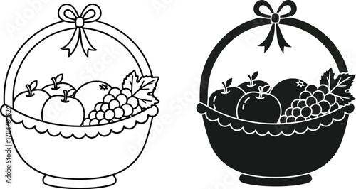 Artistic fruit basket illustration in outline and silhouette