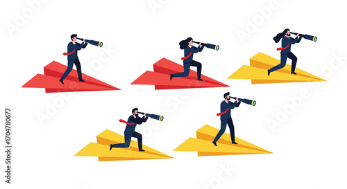 Businesspeople looking into the future while riding on paper airplanes.