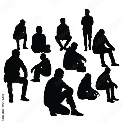 Set of eleven black human silhouettes in various casual sitting and standing poses.