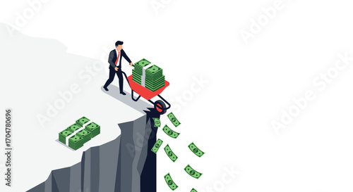 A business person pushes a wheelbarrow full of money towards a cliff edge.