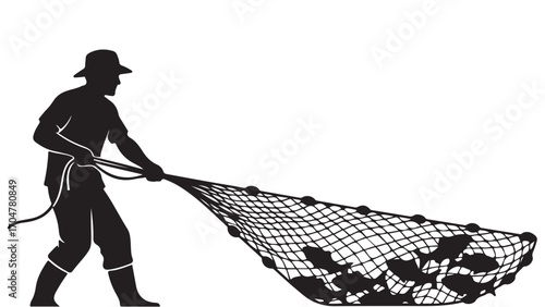 Silhouette of a Fisherman Pulling a Net Full of Fish