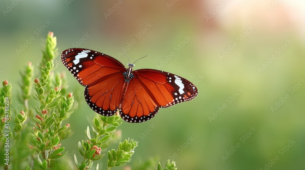 Naklejka premium A realistic close-up of a danaid eggfly butterfly-inspired insect robot collecting pollen on a sunflower, macro shot, iridescent nano-coated wings and fiber-optic feelers, soft golden hour background