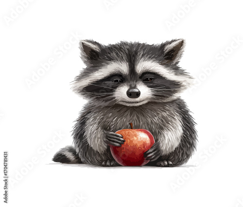 Cute raccoon holding apple