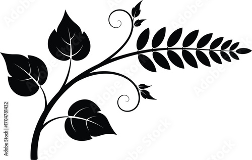 Elegant black silhouette of a delicate botanical flourish with swirling vines and detailed leaves on a white background.