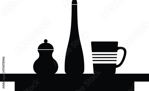 Minimalist still life silhouette of a bottle, mug, and shaker on a table