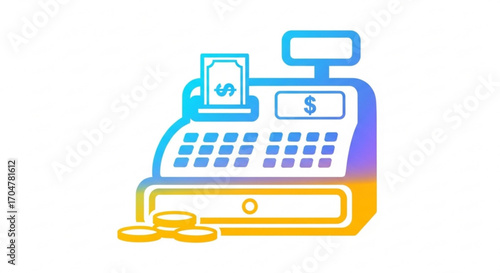 Gradient cash register with money and coins for business and finance concept