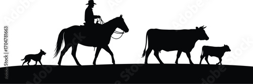 Silhouette of a cowboy on horseback herding cattle and a dog across a grassy plain.