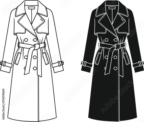 Classic double-breasted trench coat illustration in outline and silhouette