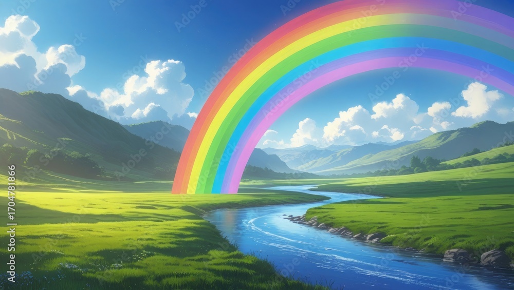 Obraz premium Rainbow landscape meadow river sky clouds mountain nature scenery colorful bright vibrant fantasy art