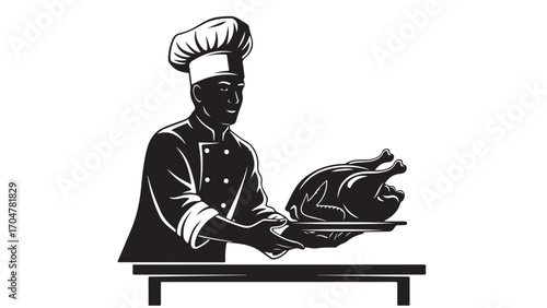 Professional Chef Presenting a Roasted Whole Chicken on a Serving Platter