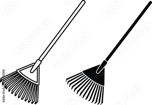 Two garden rakes, one outlined and one solid black, presented against a white background.