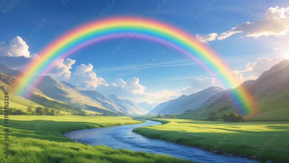 Fototapeta premium Rainbow landscape nature sky clouds green field river mountains scenic beauty colorful bright idyllic view