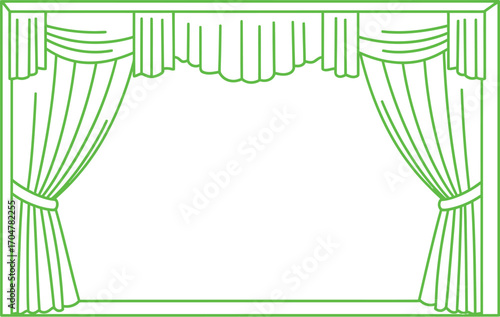 Elegant green stage curtains open to reveal a blank performance space, ready for a show.