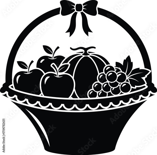 Elegant black and white illustration of a bountiful fruit basket adorned with a ribbon