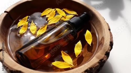 Wooden bowl with sunflower petals and liquid natural beauty product