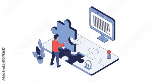 A developer carefully places the last puzzle piece into a digital landscape representing a complex solution.